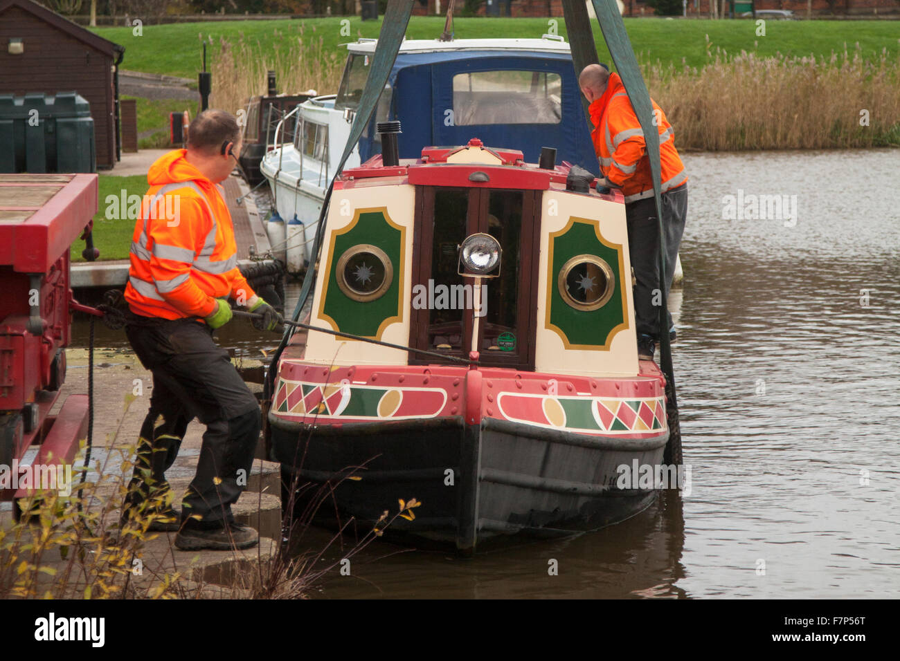 Canal narrowboat Lift at Saint Mary's Marina, Ormskirk. Tug No.1 is