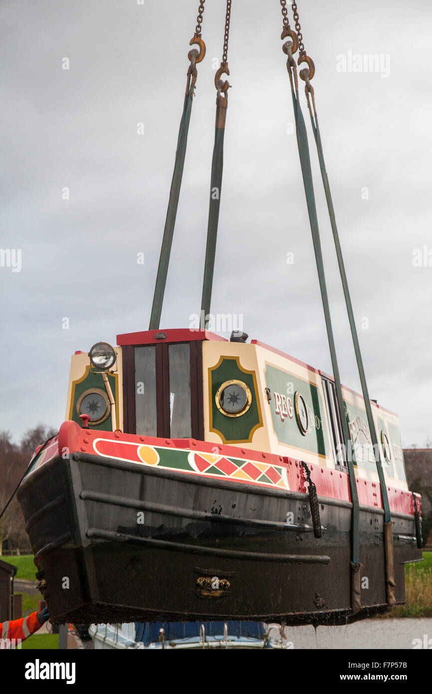 Canal narrowboat Lift at Saint Mary's Marina, Ormskirk. Tug No.1 is