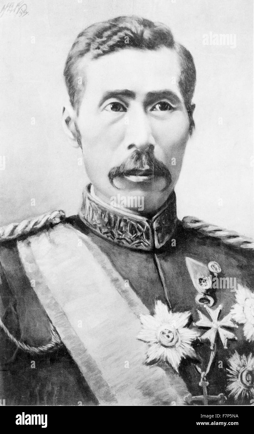 Photographic portrait of Count Yamagata Aritomo (1838-1922) also known as Yamagata Ky?suke, was a field marshal in the Imperial Japanese Army and twice Prime Minister of Japan. Dated 1922 Stock Photo