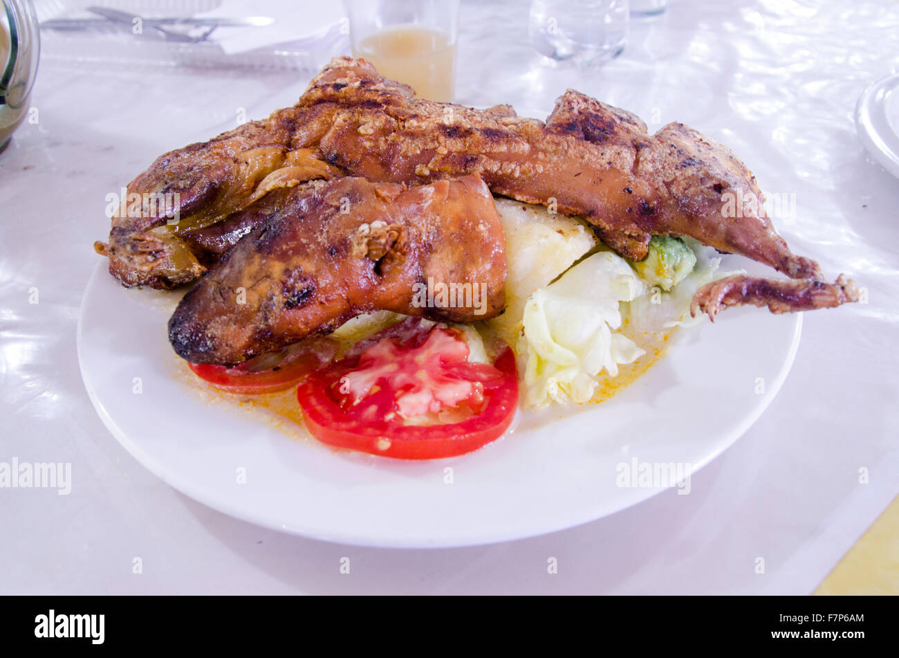 Prepared Guinea Pig served with potatoes and salad Stock Photo
