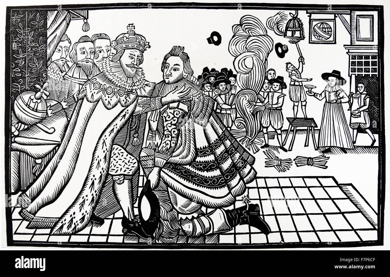 Prince Charles (Charles I) welcomed home from Spain by his father James I (1623) Woodcut from a contemporary broadside Stock Photo