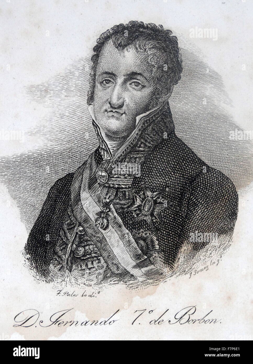 Engraved portrait of King Ferdinand VII of Spain (1784-1833) twice King of Spain and known to his supporters as 'the Desired' (el Deseado) and to his detractors as the 'Felon King' (el Rey Felón). Dated 19th Century Stock Photo