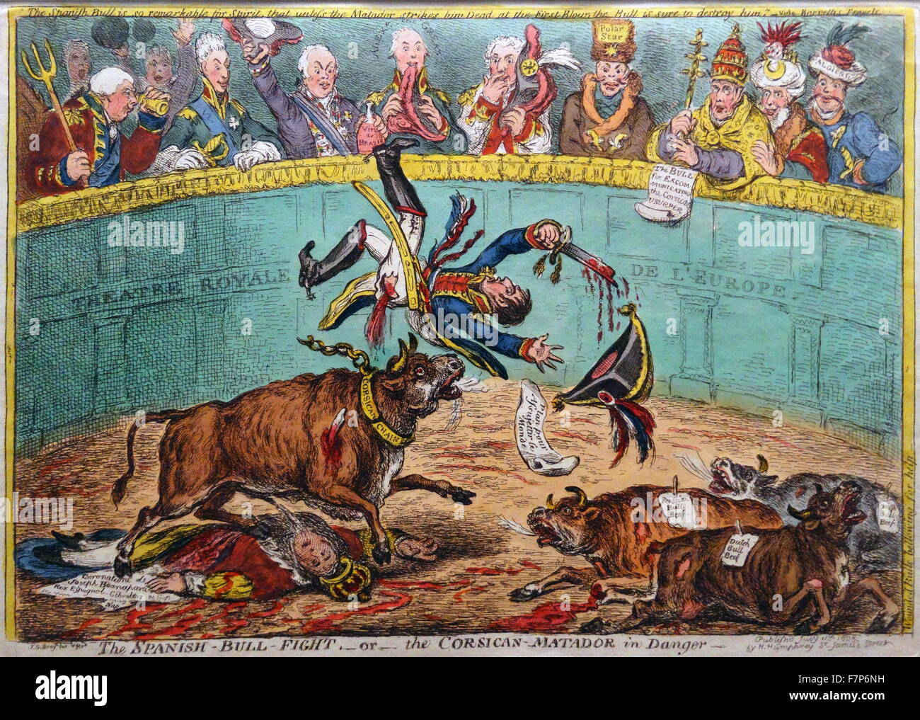 Hand-coloured etching titled 'The Spanish Bull Fight' by James Gillray (1756-1815) English caricaturist and printmaker of social satires. Dated 19th Century Stock Photo