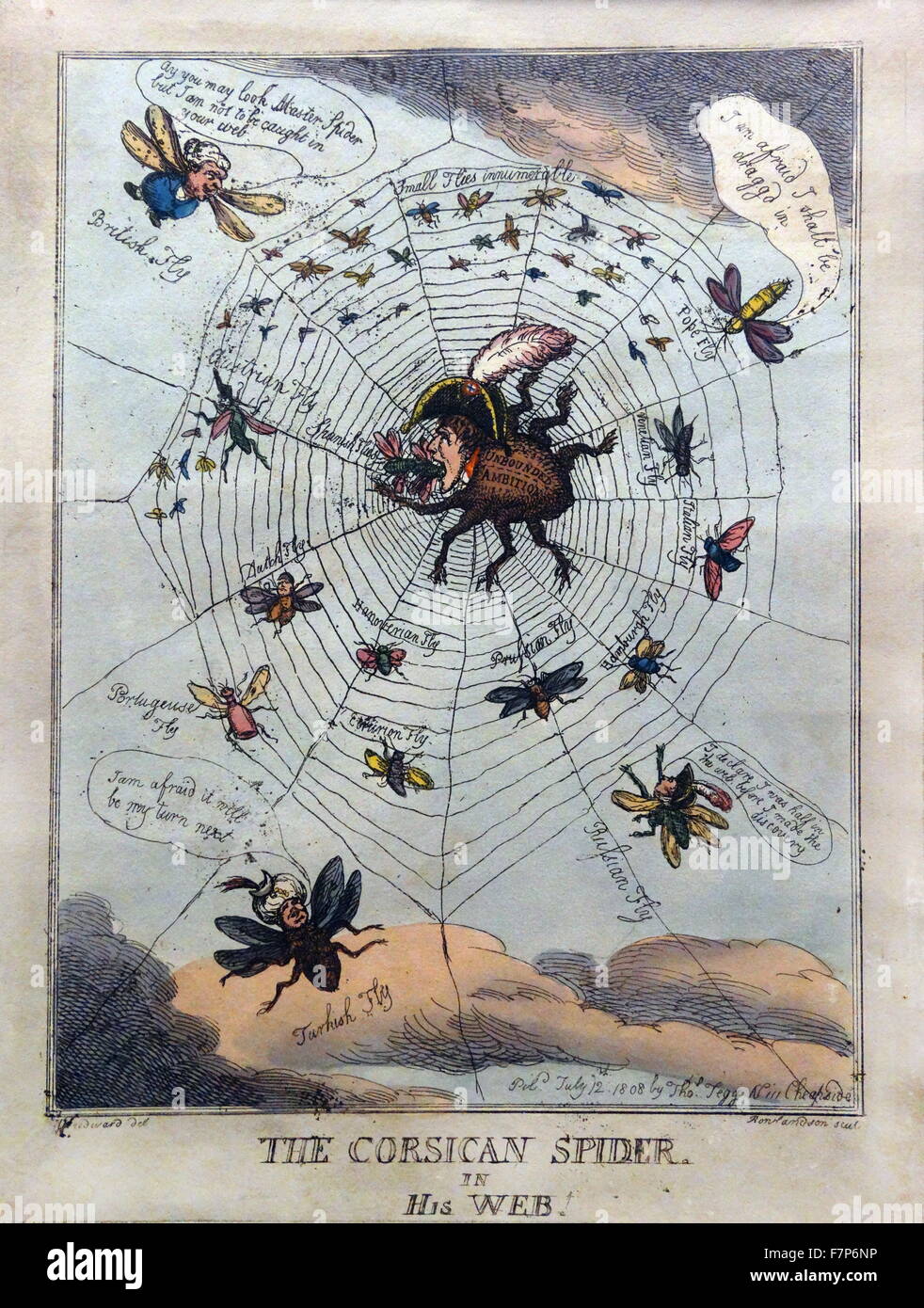 Hand-coloured etching titled 'The Corsican Spider in his Web' by Thomas Rowlandson (1757-1827) English artist and caricaturist. Dated 1808 Stock Photo