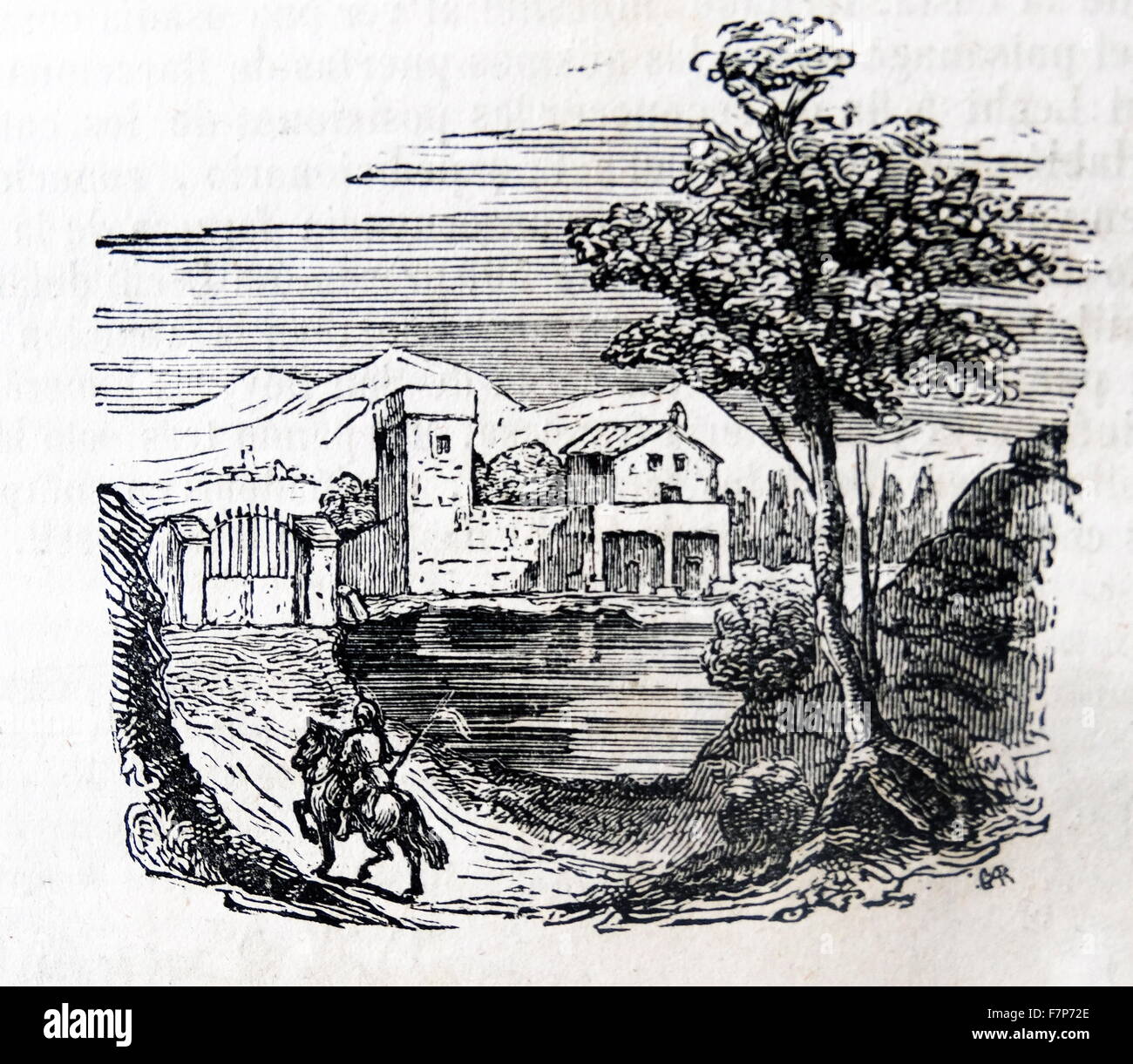 Illustration of a Spanish rebel arriving at a gated residence during the Peninsula War 1808 Stock Photo