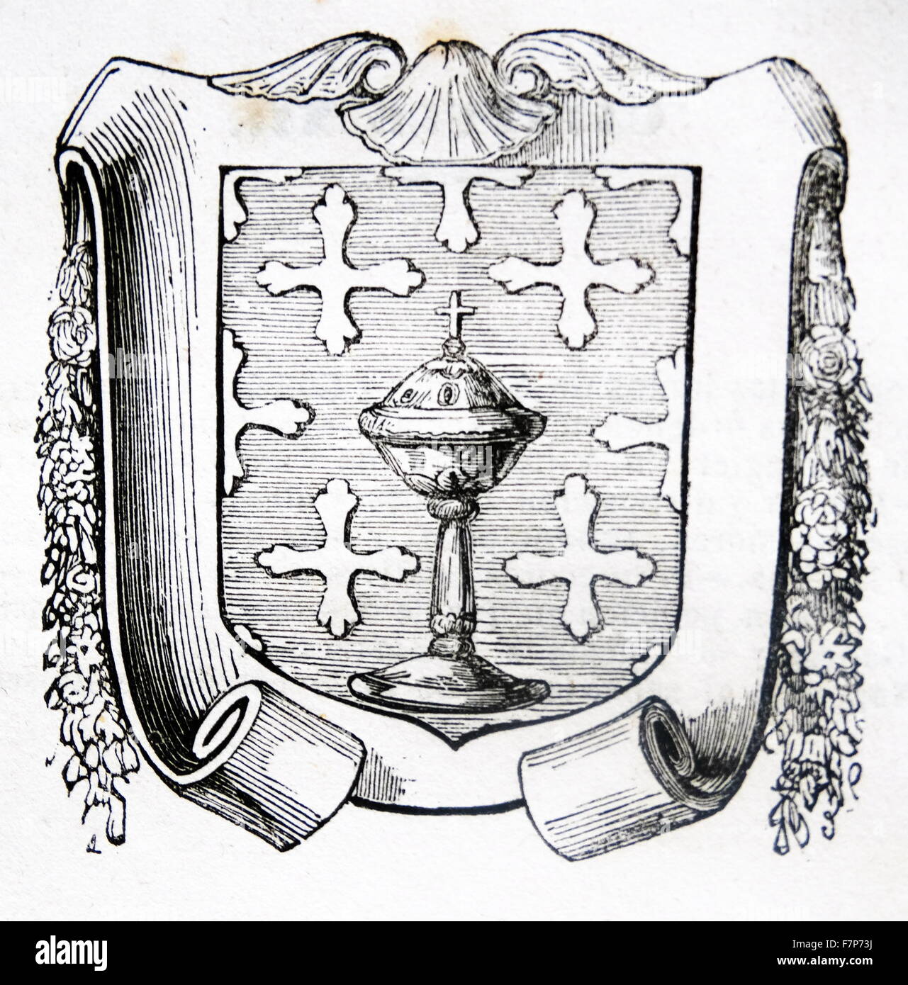 Engraving depicting the coat of arms of Galicia which includes, an enclosed in a field of azure, a chalice of gold with a silver host, accompanied by seven silver crosses, three on each side and one in the center of the shield. Dated 17th Century Stock Photo
