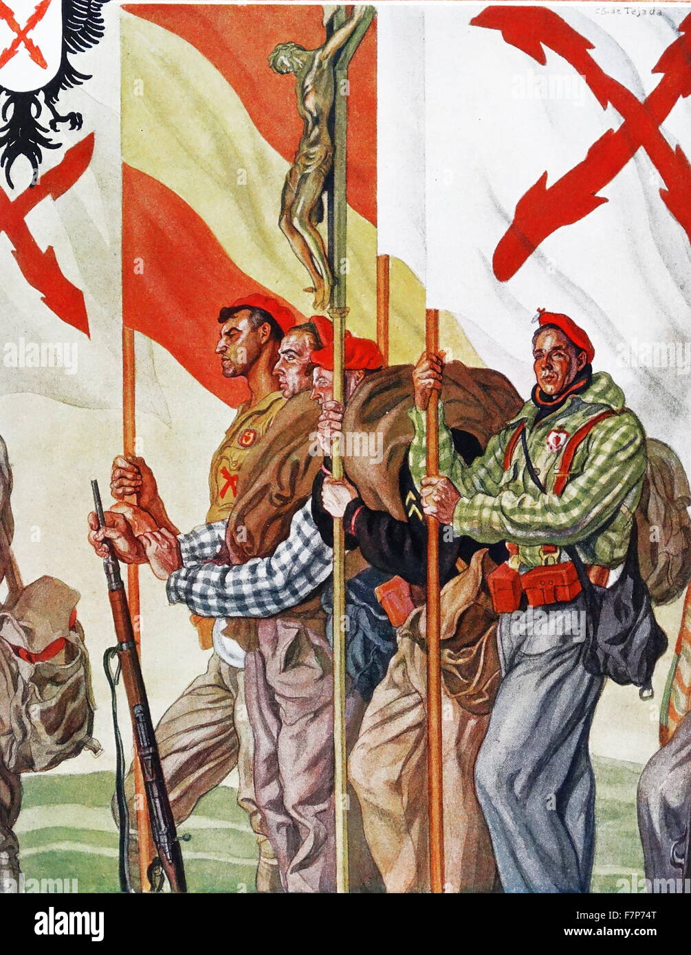 Illustration depicting Carlist (monarchist) militia during the Spanish Civil War. By Carlos Saenz de Tejada (1897 - 1958 ) Spanish painter and illustrator;identified with the Nationalist (Fascist) side in the Spanish Civil War. Stock Photo