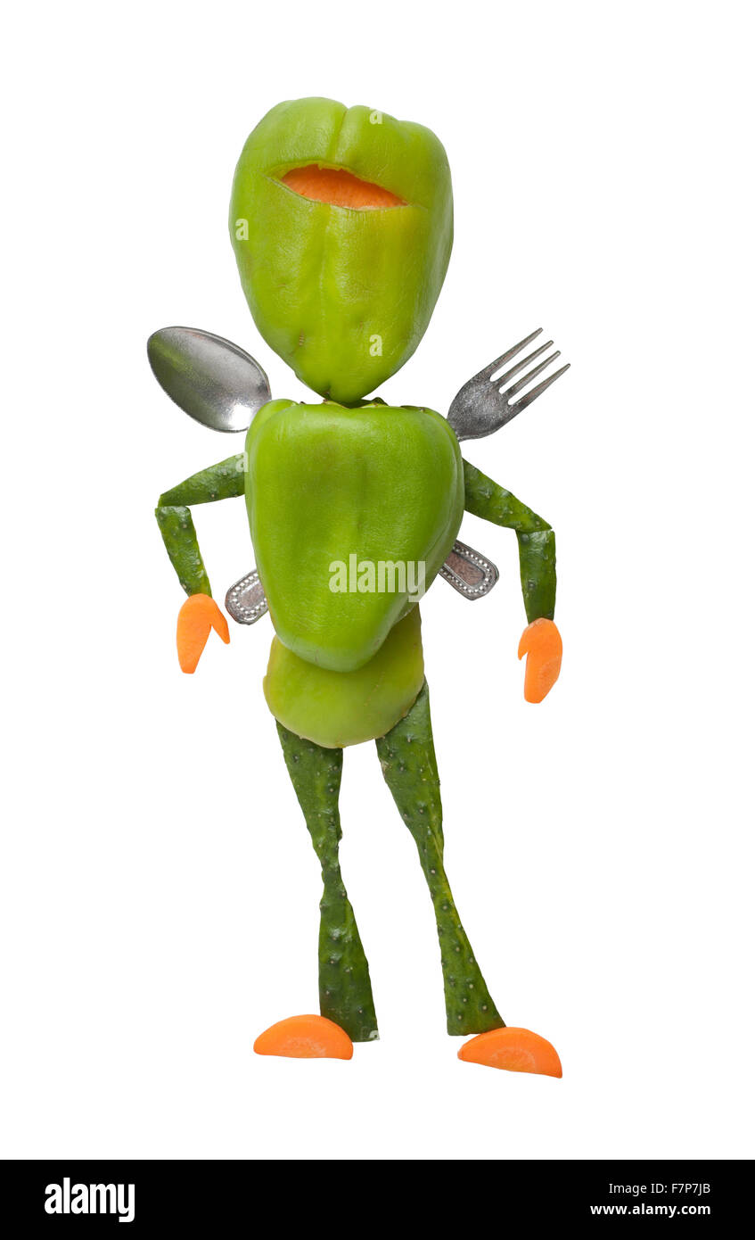 Funny ninja made of fresh vegetables with fork and spoon Stock Photo
