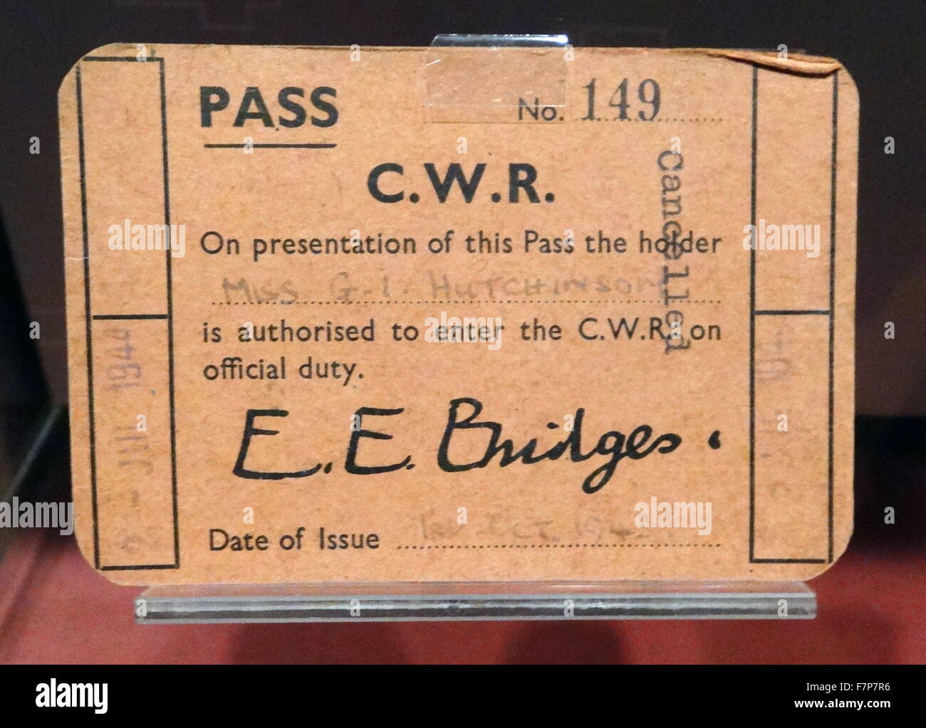 Identity document used as a pass by staff and officials in the Cabinet war rooms bunker, London; England. The War rooms were used by the British Government as protection for senior ministers during World war two. Stock Photo
