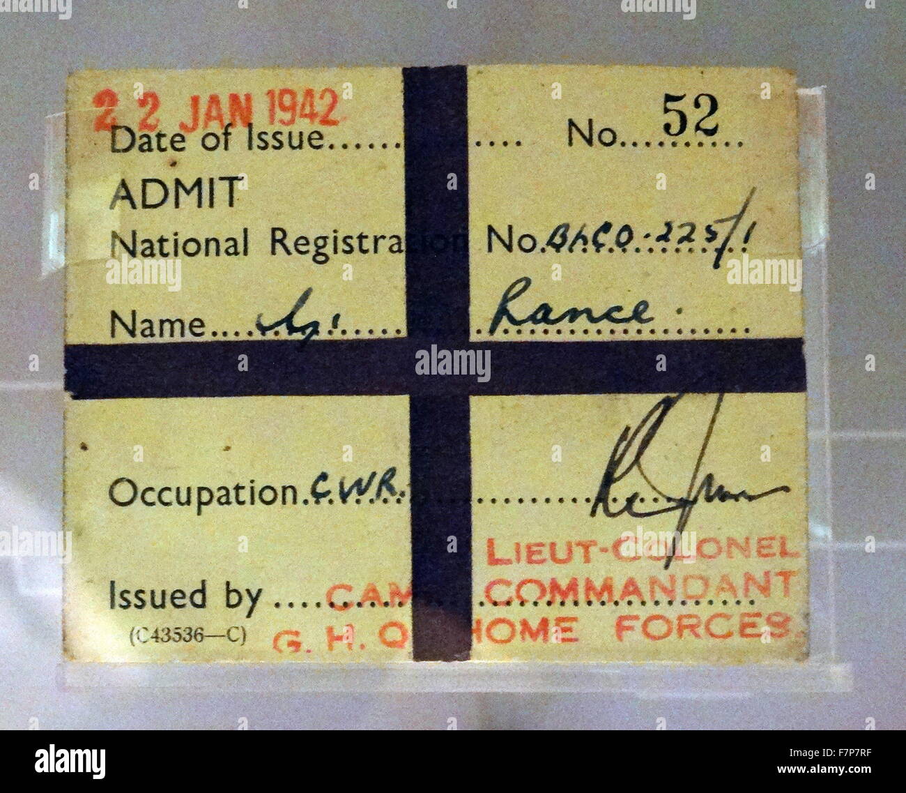 Identity document used as a pass by staff and officials in the Cabinet war rooms bunker, London; England. The War rooms were used by the British Government as protection for senior ministers during World war two. Stock Photo