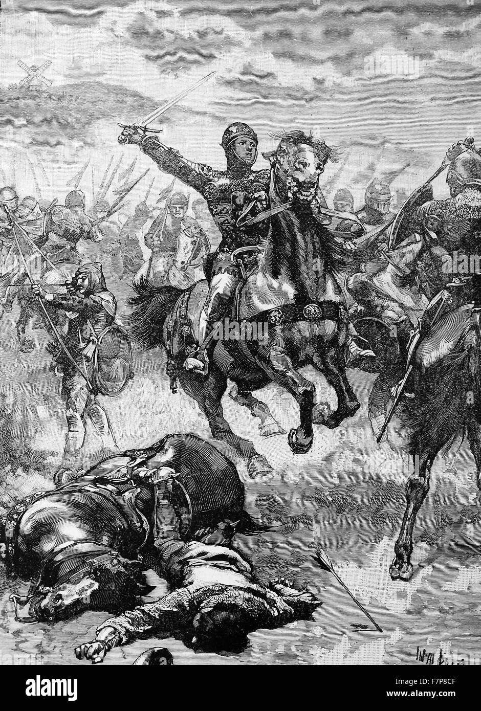 Edward, the black prince (1330-76) Commanding the right wind of the English Troops at the Battle of Crecy, 1346, when he was only 16. Hundred years war between England and France. Stock Photo