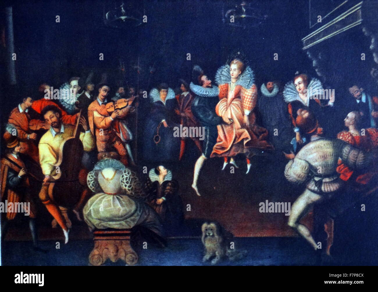 Queen Elizabeth 1st dancing at court in a traditional tudor court scene c1575 Stock Photo