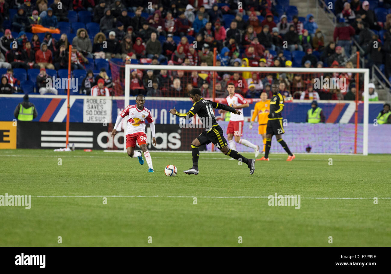 Harrison, NJ USA - November 29, 2015: Waylon Francis (14) of Columbus Crew SC controls ball during MLS Eastern Conference Final against New York Red Bulls at Red Bulls Arena Stock Photo