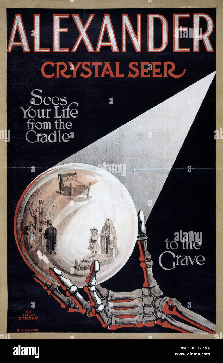 Colour lithograph poster advertising Claude Alexander Conlin (1880-1954), also known as Alexander the Crystal Seer, the vaudeville magician who specialised in mentalism and psychic reading acts, dressed in Oriental style robes and a feathered turban and often used a crystal ball. Stock Photo