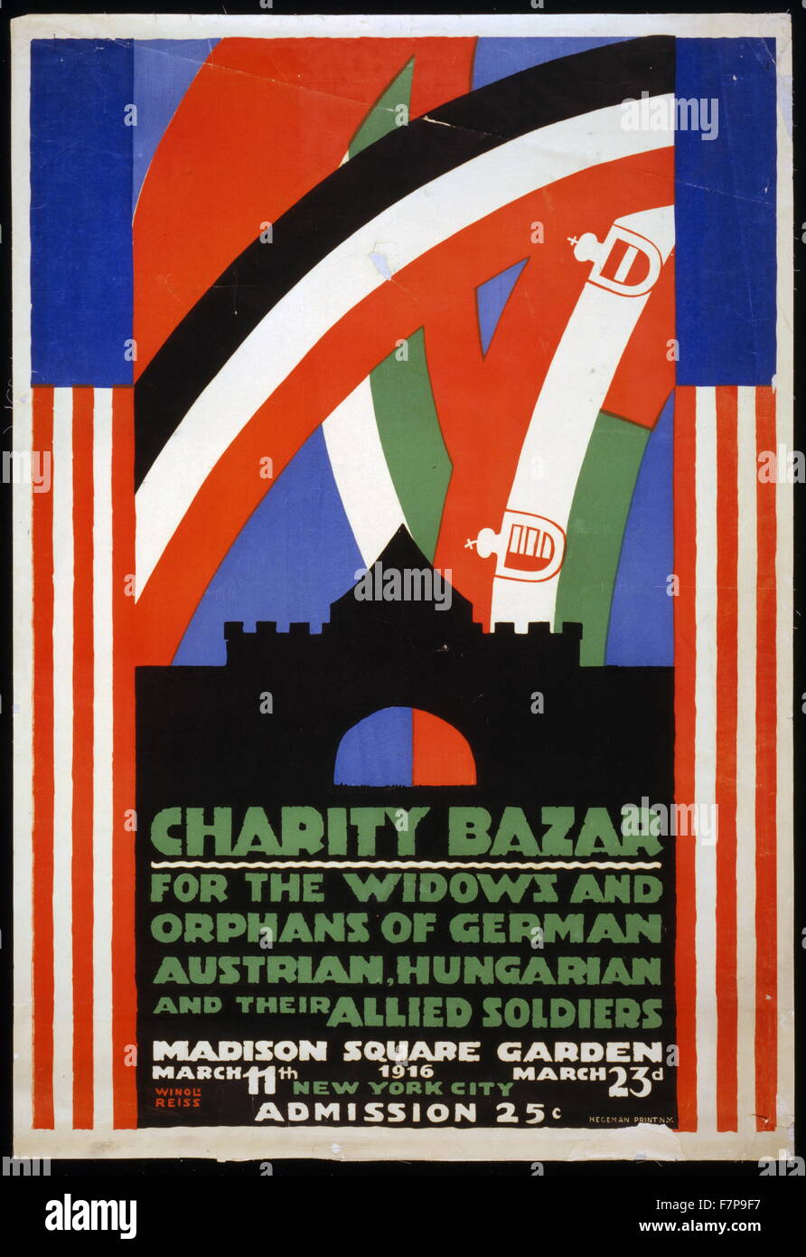 Lithograph, colour, print, poster for a charity bazaar for the widows and orphans of German, Austrian, Hungarian and their allied soldiers at Madison Square Garden, New York on March 11th, 1916. Poster by the artist Winold Reiss (1886-1953) showing pennants and flags above an entrance. Stock Photo