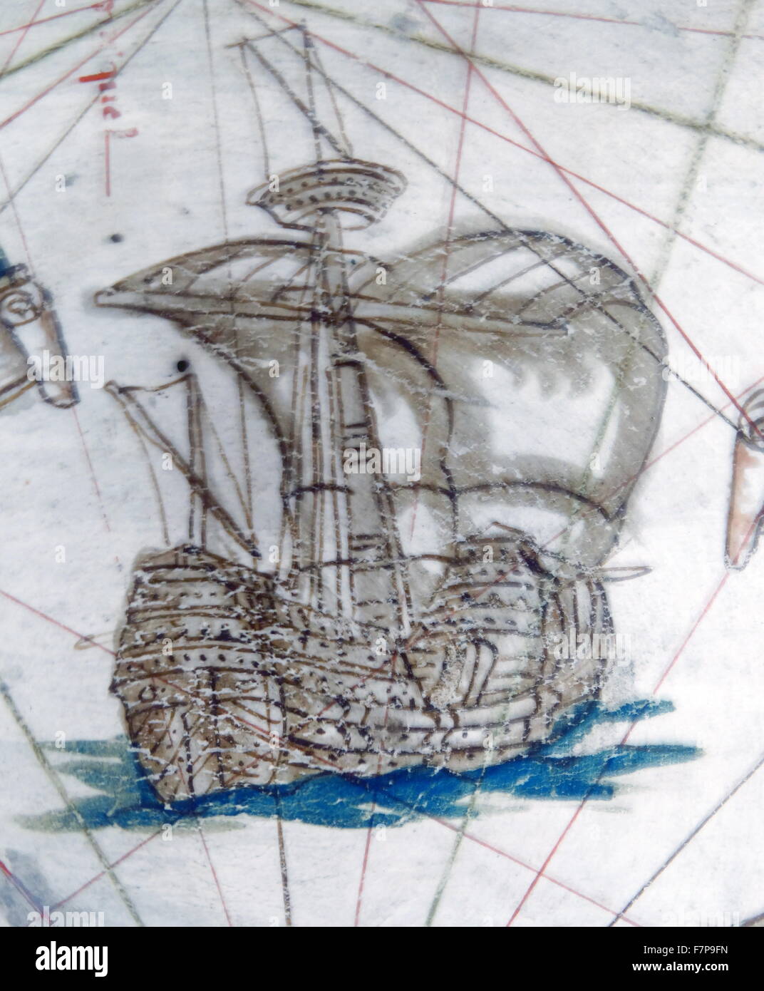 Renaissance map of Europe, Jacopo Russo, 1528, detail, showing a ship of 16th century Stock Photo