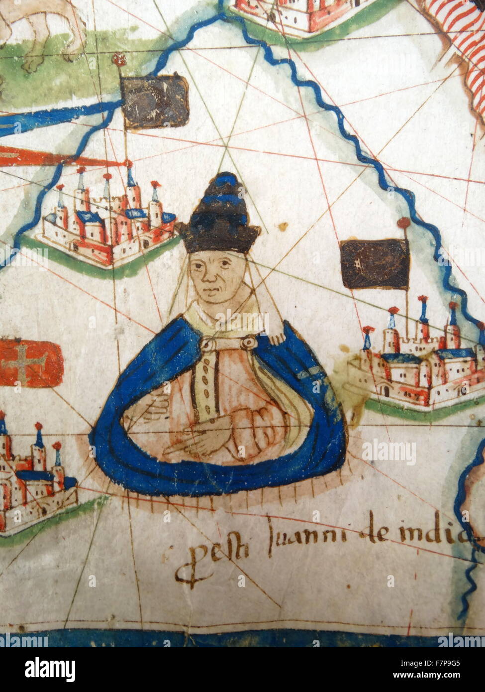 Renaissance map of Europe, Jacopo Russo, 1528, detail showing Prester John (Latin: Presbyter Johannes). Prester john was a legendary Christian patriarch and king popular in European chronicles and tradition from the 12th through the 17th century. He was said to rule over a 'Nestorian' (Church of the East) Christian nation lost amid the Muslims and pagans of the Orient Stock Photo