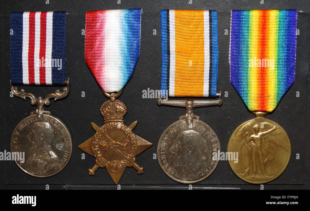 British army war medals, World war One, Military Medal; 1914-15 Star; British War Medal; Allied Victory Medal Stock Photo