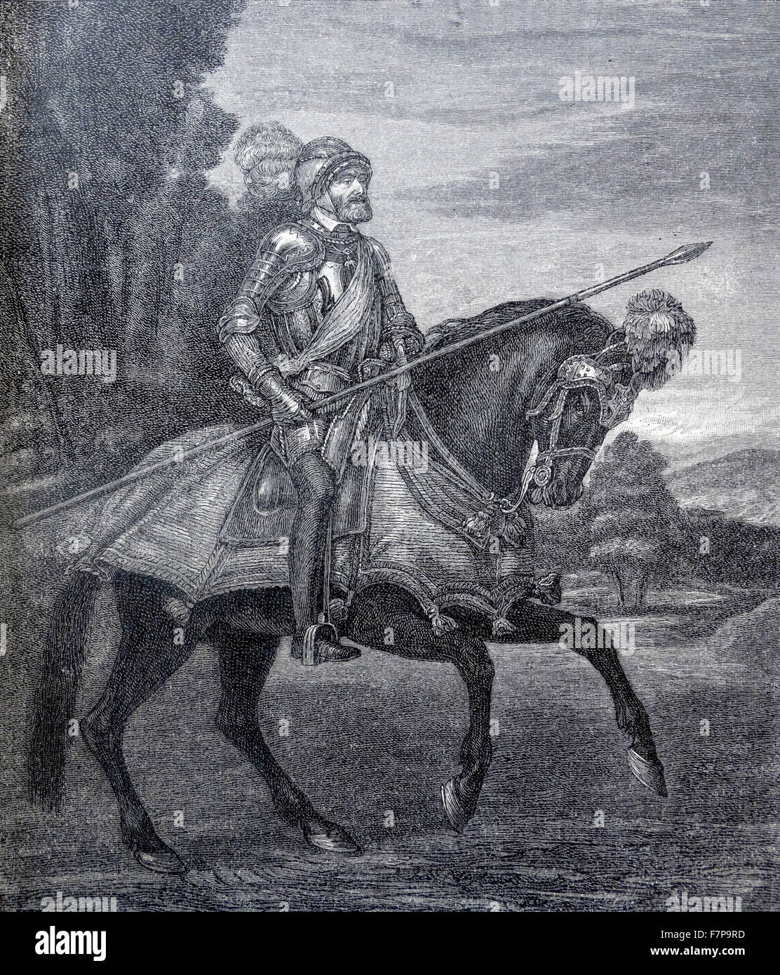 Charles V also known as Charles I (Carlos I) (1500 – 1558), King of Spain and Emperor of the Spanish Empire from 1516. later, as Charles V he was ruler of the Holy Roman Empire from 1519 until 1556.Charles V on Horseback in Mühlberg by Titian. 1548 Stock Photo