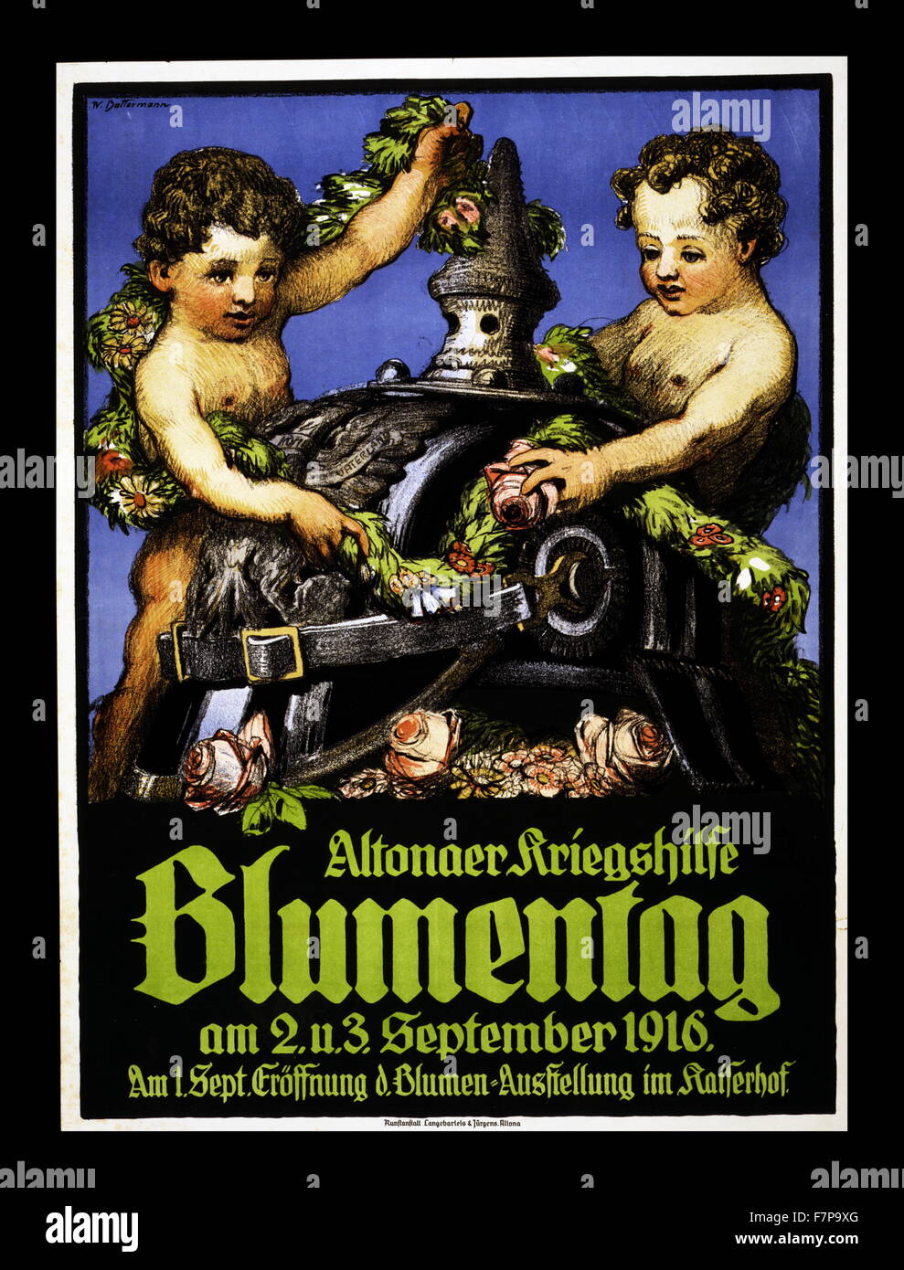 Print, poster : lithograph, colour showing two cherubs decorating a German helmet with garlands of flowers. Text : Altona's War Relief Flower Day. The Poster also announces the opening of the Flower Exhibit at the Kaiserhof. The artist is Wilhelm Batterman Stock Photo