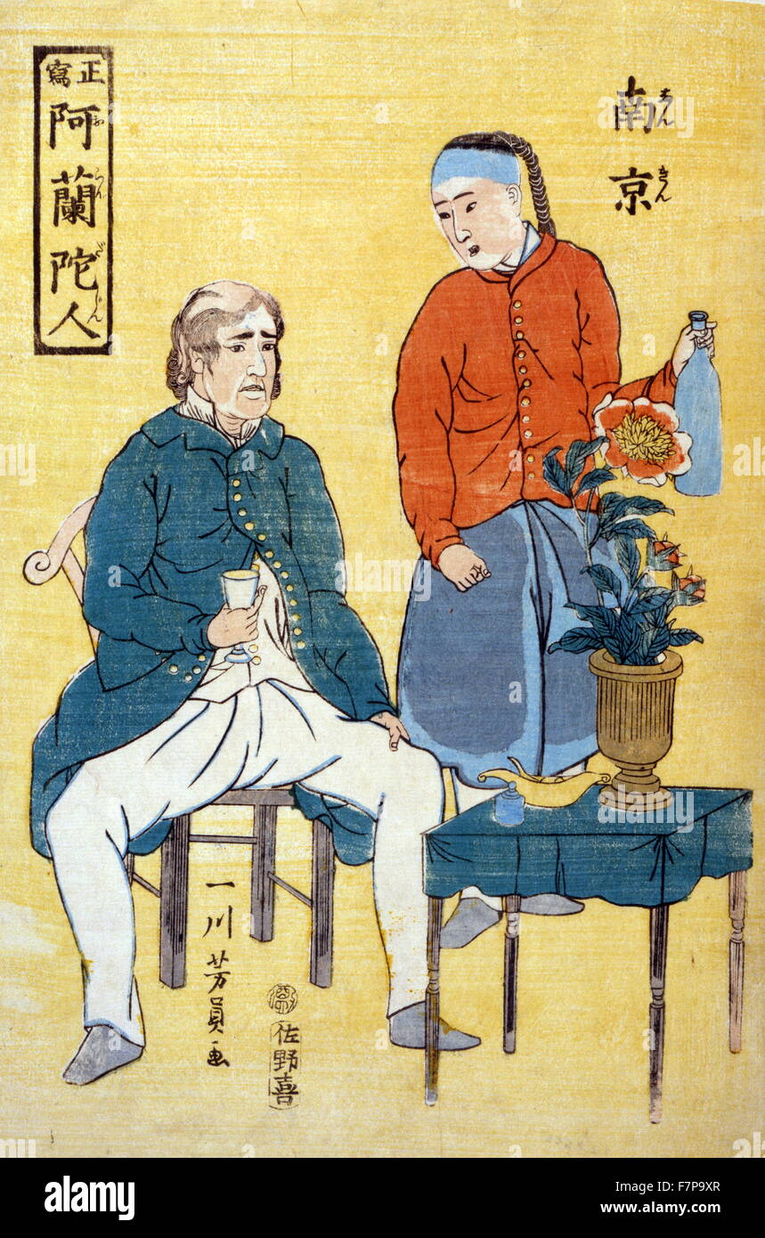 Japanese print on hosho paper : woodcut, colour shows a Dutch merchant  holding a goblet seated on a chair. A Chinese man holding a bottle stands  next to him and there is