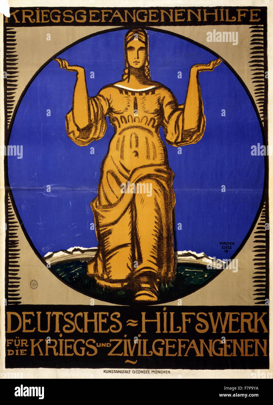Poster, lithograph, colour shows a kneeling goddess holding her arms as if in offering. Artist Walter Ditz (1888-1925). Text : Prisoner of War Relief Fund. German Relief Organisation for War - and Civilian Prisoners of War. Stock Photo
