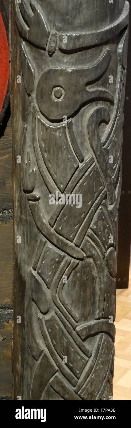 Anglo-Saxon (recreation) doorpost with carved beast. English 8th Century Stock Photo