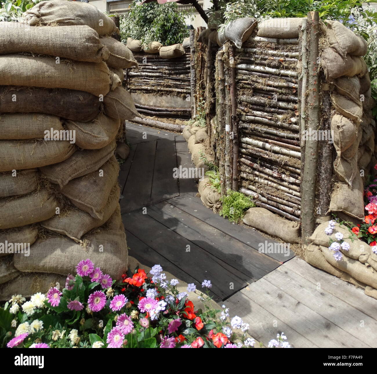 Recreation of a World war One entrance to a sandbagged trench Stock Photo
