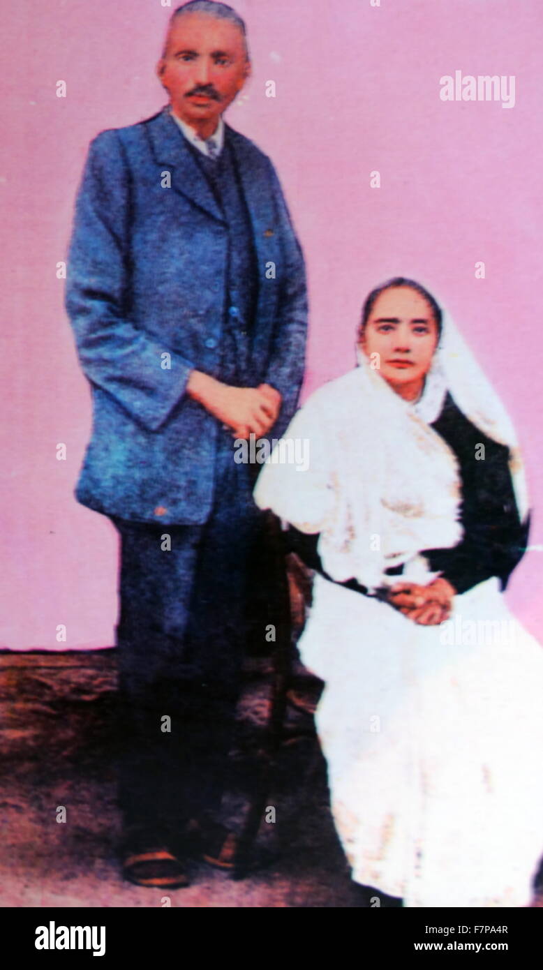 Mohandas Karamchand Gandhi with his wife Kasturba in 1914. Gandhi (1869 – 1948), was the preeminent leader of the Indian independence movement in British-ruled India. Employing nonviolent civil disobedience, Gandhi led India to independence and inspired movements for civil rights and freedom across the world. Stock Photo