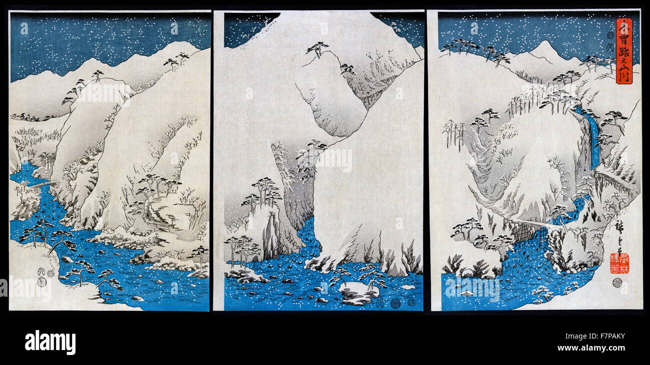 Mountains and rivers on the Kiso Road during a winter snow storm by Hiroshige Ando (1797-1858). Stock Photo