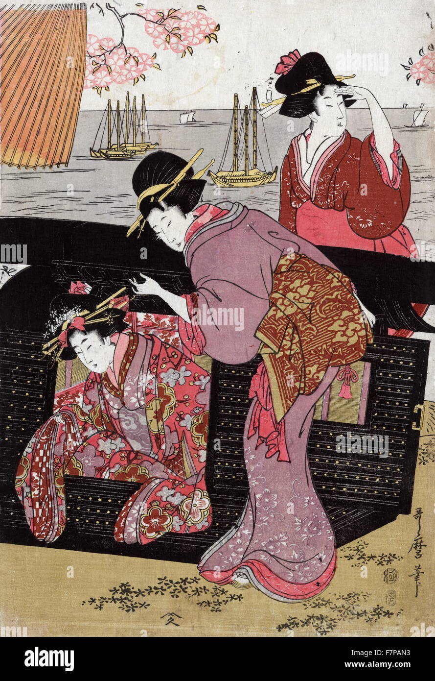 Cherry-viewing at Gotenyama by Utamaro Kitagawa (1753-1806). Print of a woman helping another woman get out of a sedan chair and another woman standing behind the chair, with cherry blossoms above and sailboats in the background. Stock Photo