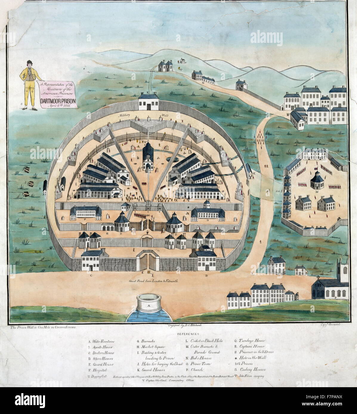 A representation of the massacre of American prisoners in Dartmoor Prison on April 6th, 1815. Colour engraving of Dartmoor Prison in Devon, England, where American prisoners of war captured by British forces, especially at sea, were confined, even after the Treaty of Ghent was signed in Dec. 1814. Angered at being left behind, prisoners burned U.S. agent Reuben G. Beasley in effigy, which led to a confrontation with prison guards and a reduction of rations. Fearful of insubordination, guards shot the prisoners, killing 7 and wounding 31. Stock Photo