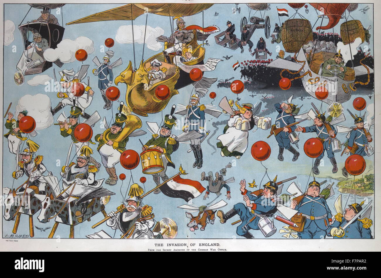 The invasion of England by Louis M. Glackens (1866-1933). Photomechanical print : offset, colour. Illustration shows German soldiers and officers invading England my means of hot-air balloons and other types of airships;also shows German emperor William II dictating 'Fall of Albion an epic poem by the Kaiser' to his secretary, and war correspondent Richard Harding Davis writing 'How to Conduct a Campaign'. Stock Photo