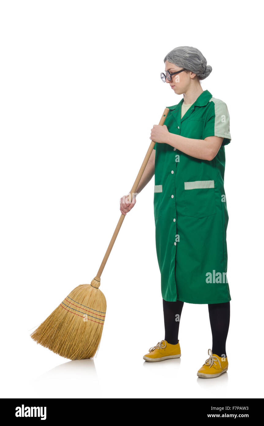 Woman with sweeping brush isolated on white Stock Photo Alamy
