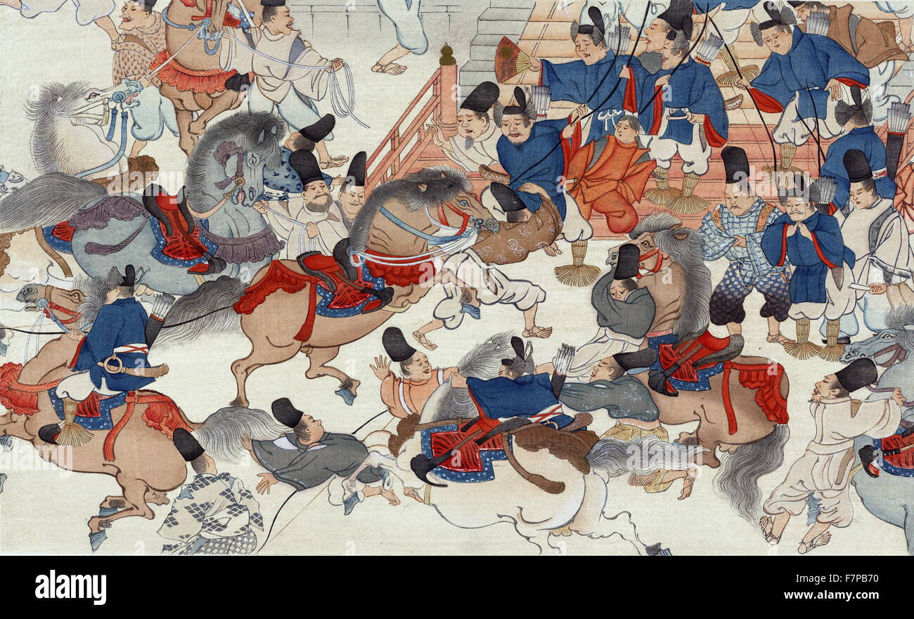 The horse show - Battle in front of a palace by Mitsunaga Tokiwa, active 12th century. Print, woodcut, colour. Print shows a confusion of men and horses passing in front of steps possibly leading to a palace during a horse show;some of the men standing on the steps are equipped with bow and arrows, and some of the men appear to be servants who are leading the horses to their warrior masters(there is no fighting taking place in this scene) or horse traders who are showing off the horses, available for purchase, to the warriors. Stock Photo