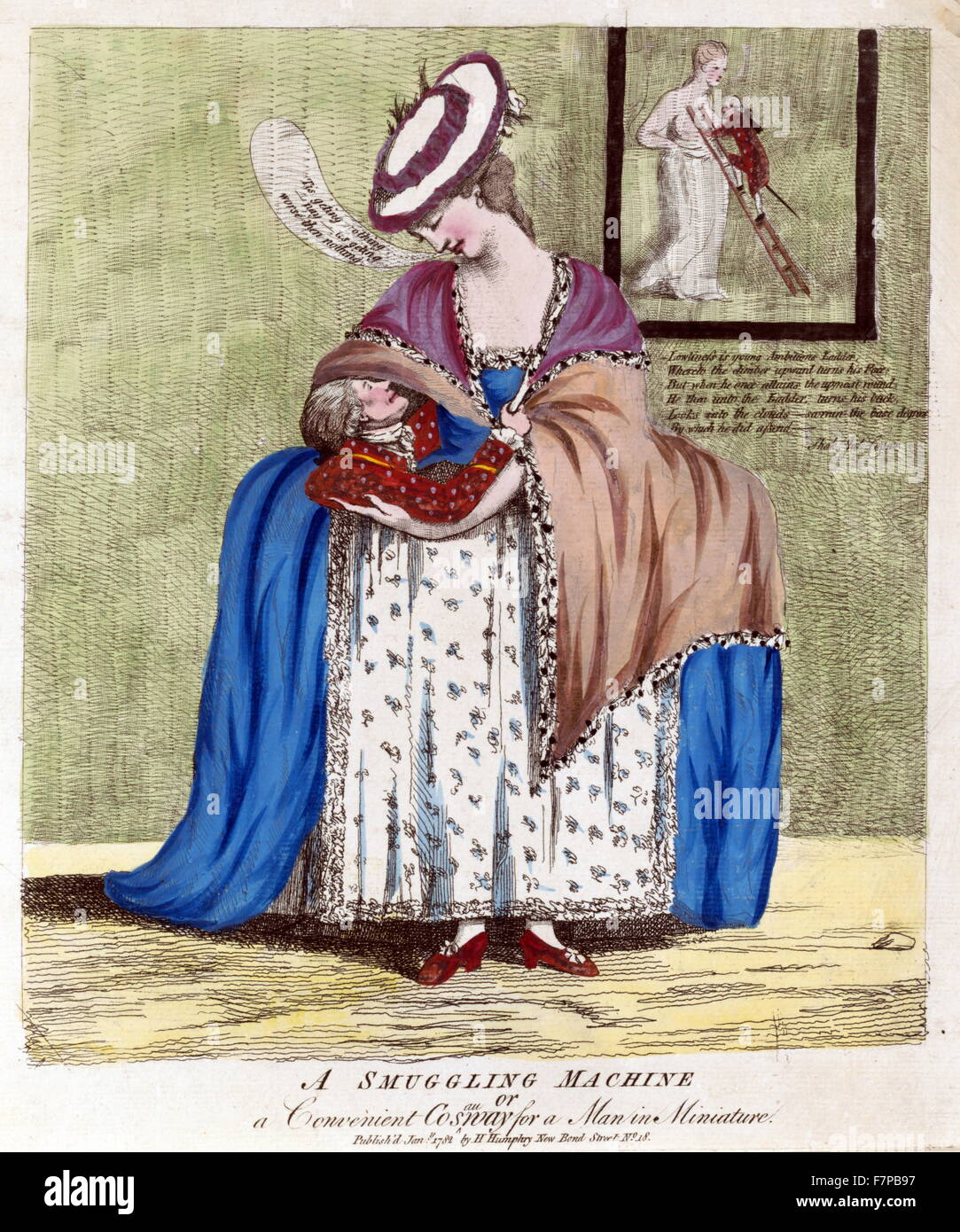 Print : hand-coloured engraving of a smuggling machine or a convenient cosauway for a man in miniature. The print is of a portrait of Richard Cosway, R.A., standing under the wide hooped petticoat of a tall lady, his wife, Maria, who puts her arms around him...' Stock Photo