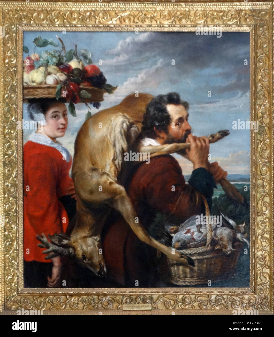 Painting titled 'Figures with Fruit and Game' by Frans Snyders (1579-1657) Flemish painter of animals, hunting scenes, market scenes and still lifes. Dated 17th Century Stock Photo