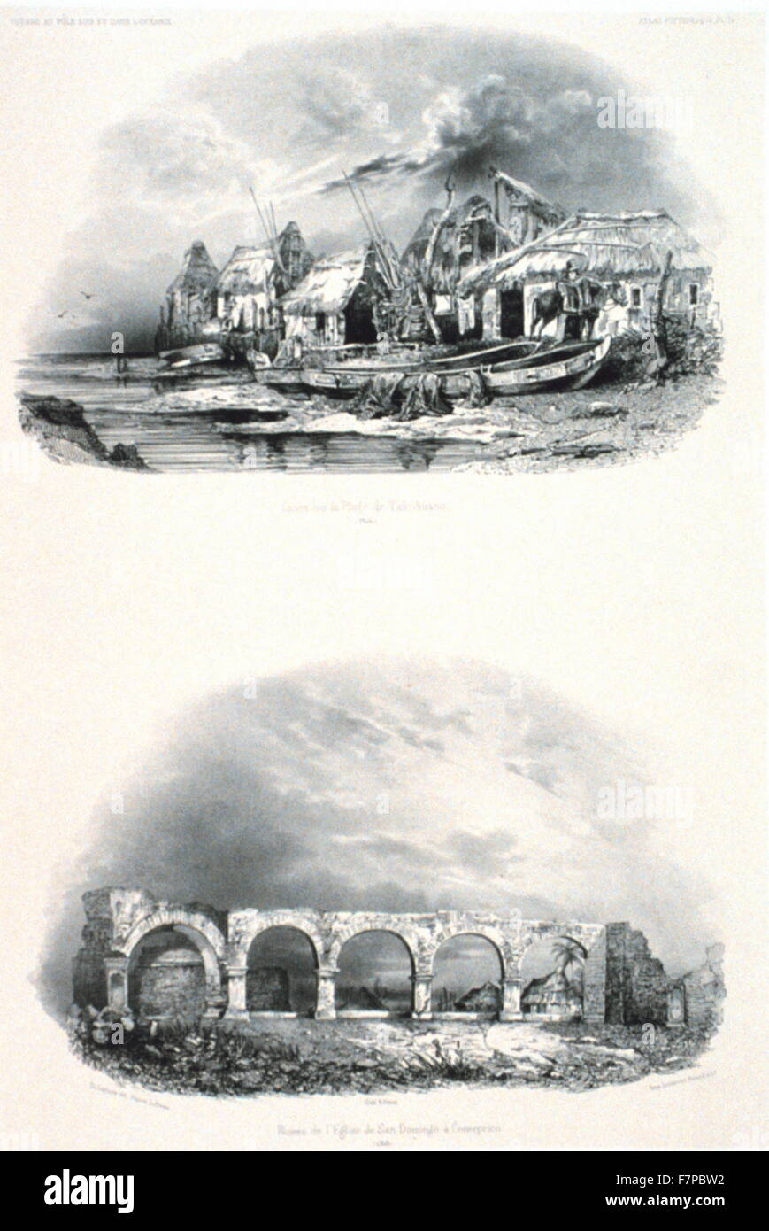 Top: Huts on the coast of Talcahuano. Chile. Bottom: Ruins of the church of San Domingo a Concepcion. Chile 1838 Stock Photo