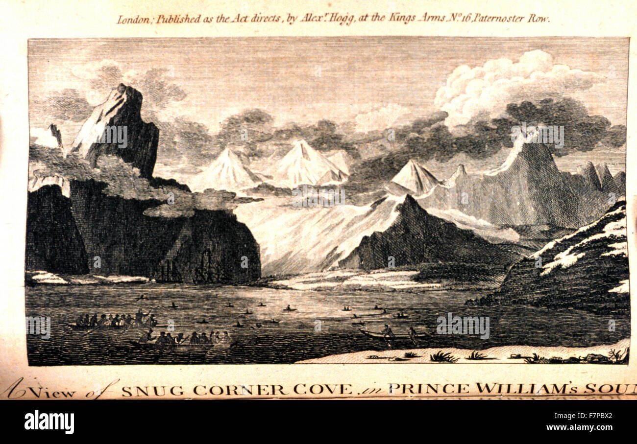 A view of Snug Corner Cove in Prince William's Sound';Captain Cook's First, Second, Third and Last Voyages, 1790 Stock Photo