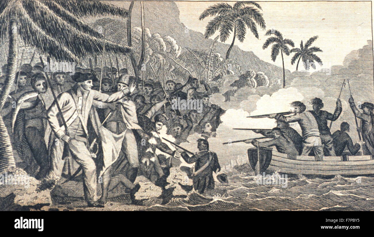 death of Captain James Cook at Kealakekua Bay, Hawaii. Captain James Cook, 1728 – 14 February 1779, was a British explorer Stock Photo