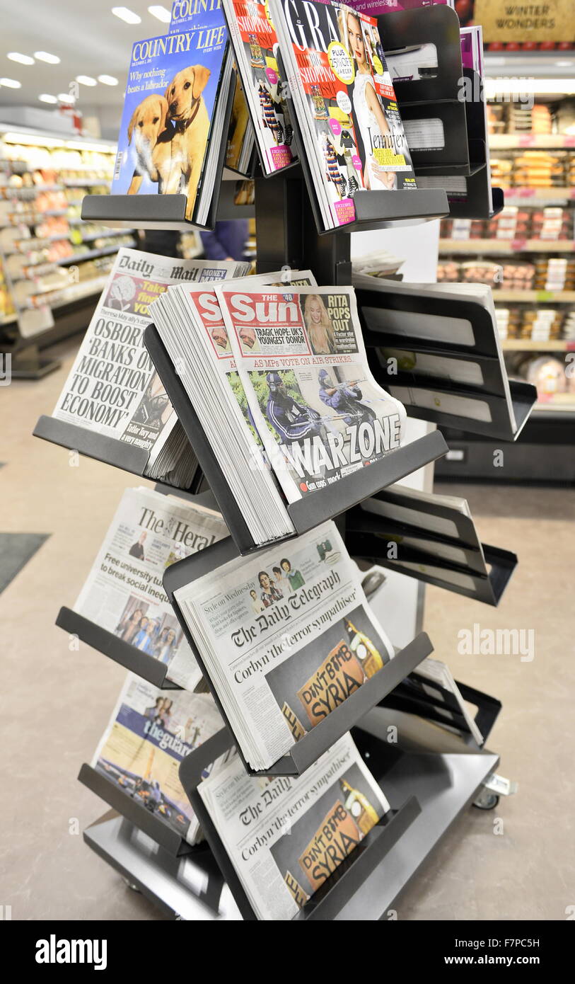 Cumbria, UK. 02nd Dec, 2015. National newspapers on sale with headlines about launching airstrikes against ISIS in Syria as MP's debate and vote about launching these airstrikes: 2 December 2015  Credit:  STUART WALKER/Alamy Live News Stock Photo