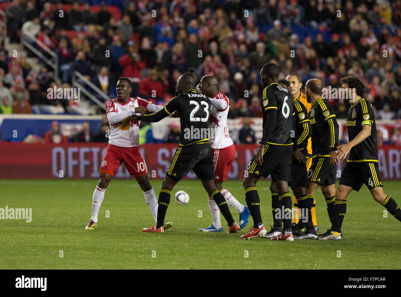 Harrison, NJ USA - November 29, 2015: Skirmish during MLS Eastern Conference Final between New York Red Bulls and Columbus Crew SC at Red Bulls Arena Stock Photo