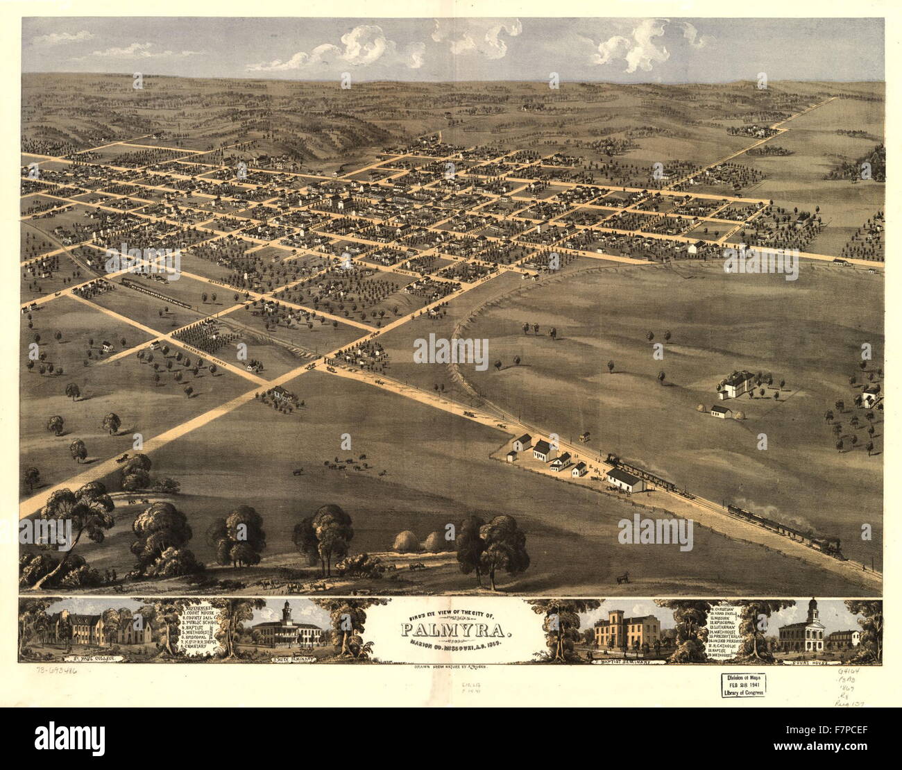 Arial view of the city of Palmyra, Marion Co., Missouri, USA 1869 Stock Photo