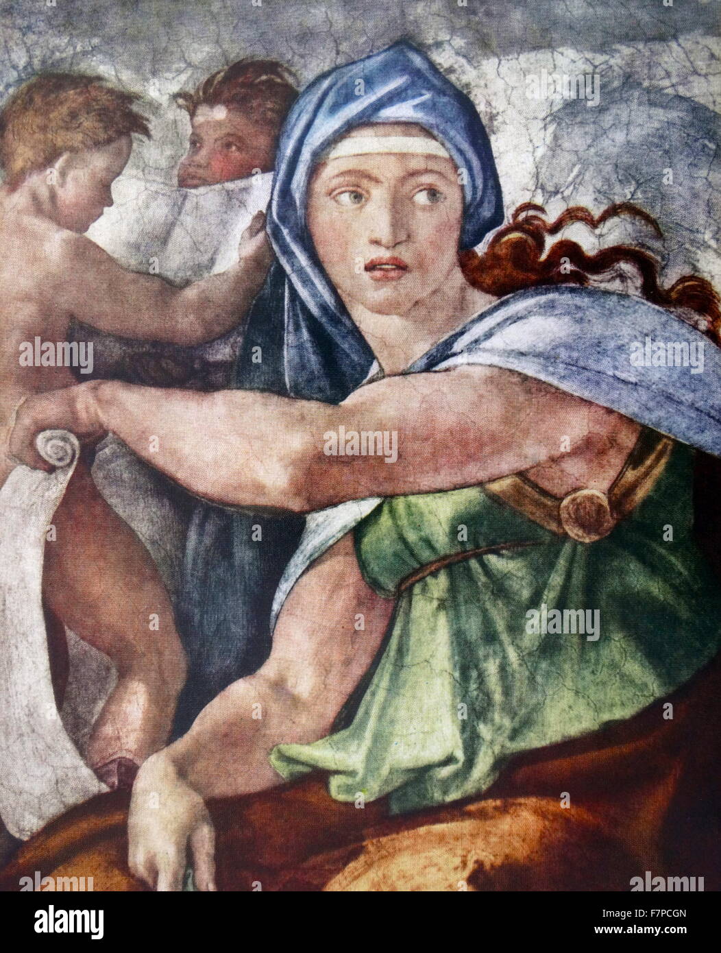 The Delphic Sibyl (detail from the Sistine Chapel, Vatican, Rome) 1509 by Michelangelo (1475–1564). The Delphic Sibyl was a legendary figure who made prophecies in the sacred precinct of Apollo at Delphi, on the slopes of Mount Parnassus Stock Photo