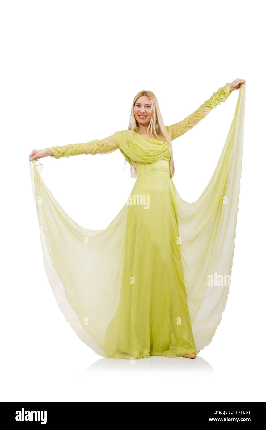 Pretty girl in elegant green dress isolated on white Stock Photo - Alamy
