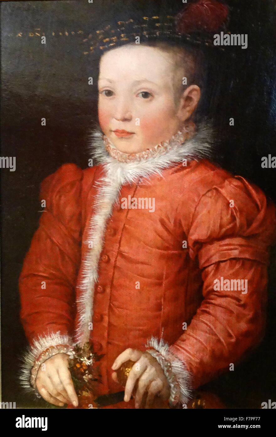 Painting titled 'A Boy with a Nosegay' by the Flemish School. Dated 16th Century Stock Photo