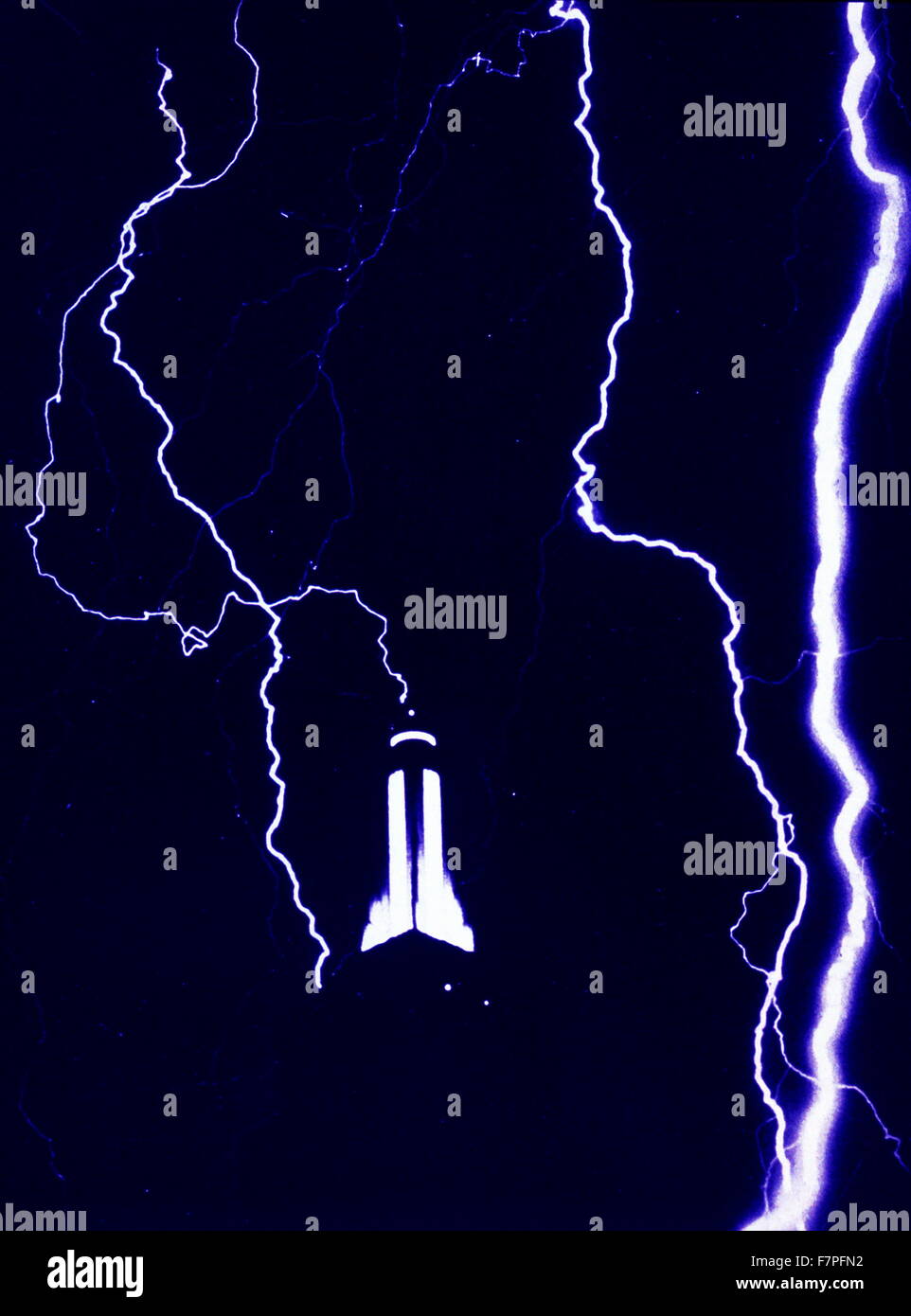 Photograph of lightning surrounding the top of the Empire State building. Dated 1968 Stock Photo