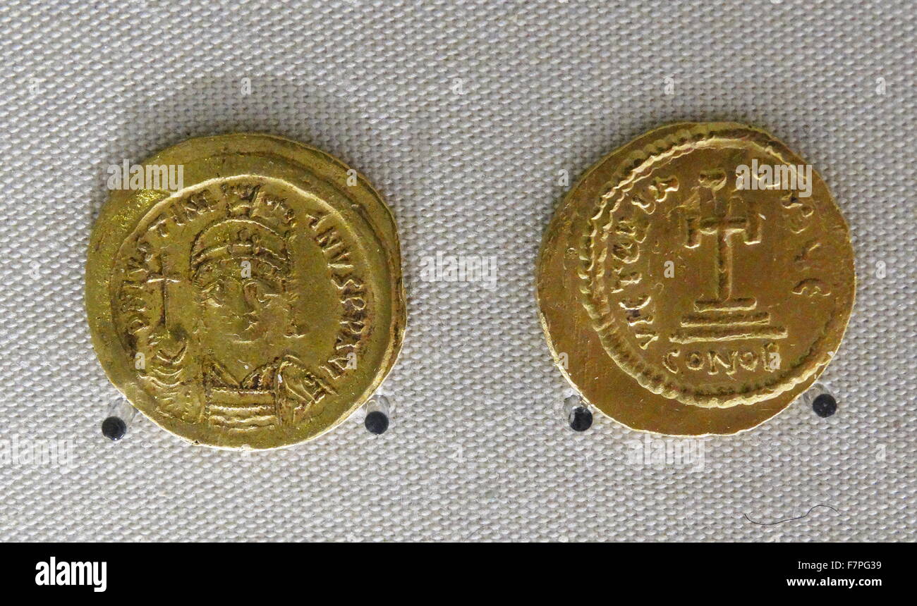 Two Byzantine gold coins of the Emperors Justinian I and Constans II Stock Photo