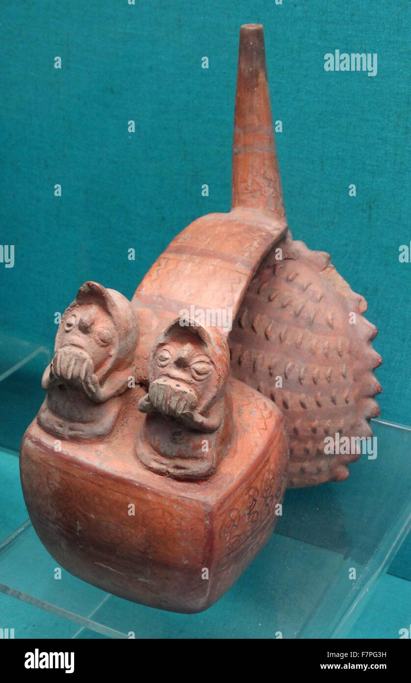 Whistling pot with two figures playing panpipes. From Lambayeque-Chimu, Peru. Dated 13th Century Stock Photo