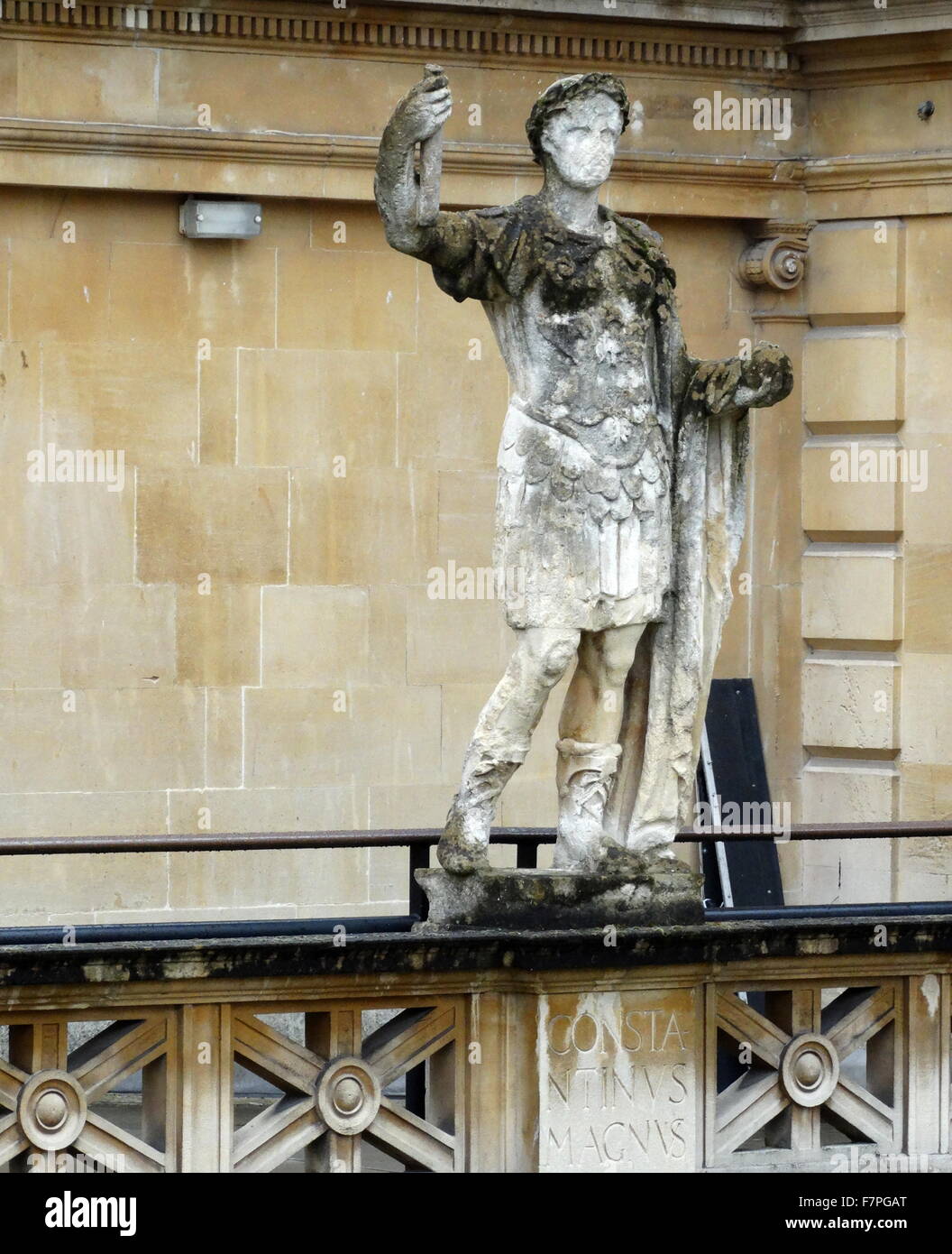 statue on the terrace overlooking the Great Bath, at Roman Baths in Bath, Somerset, England, affected by acid rain Stock Photo
